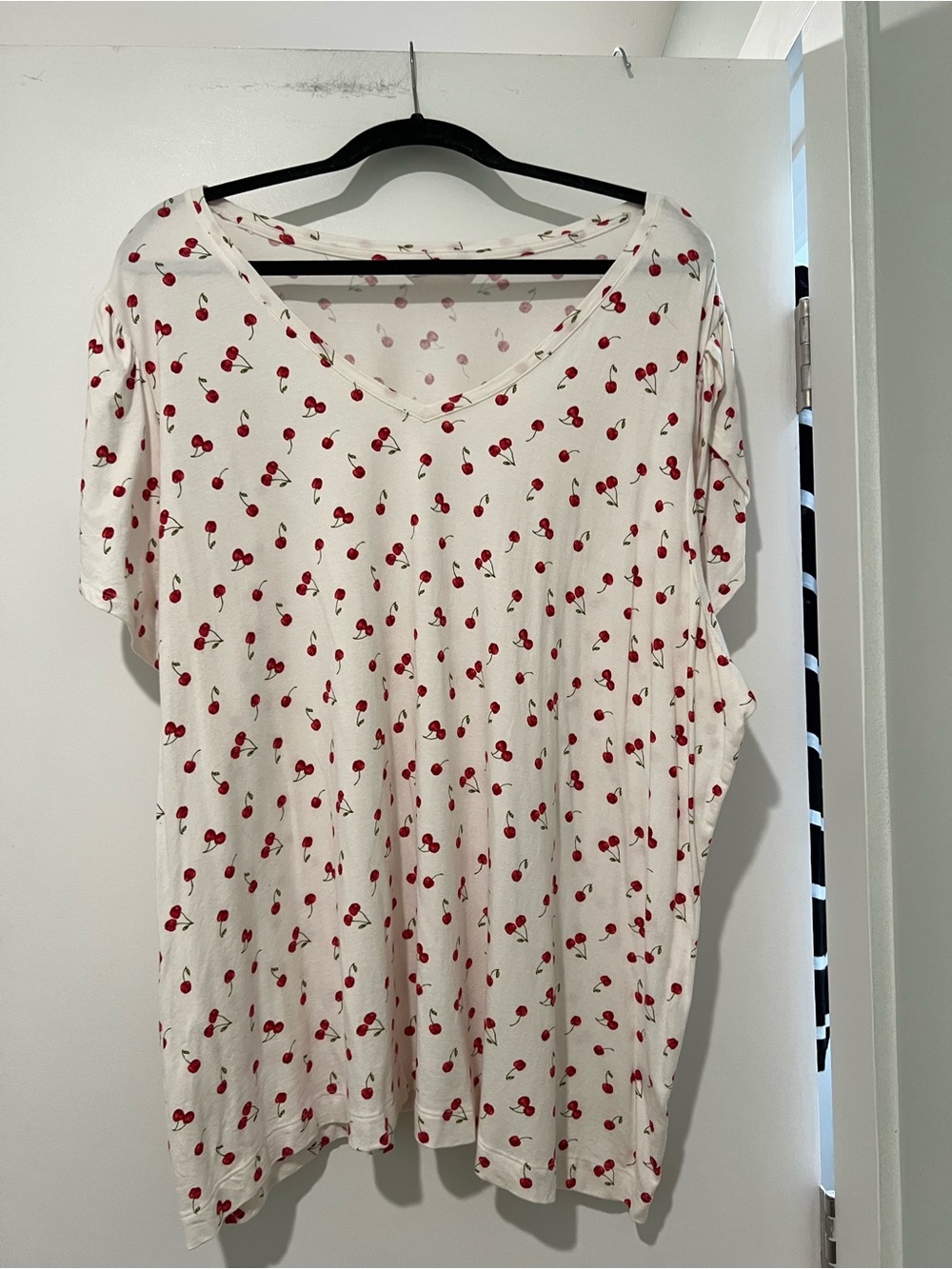 LC Lauren Conrad White V-Neck Tee with Red Cherry Print